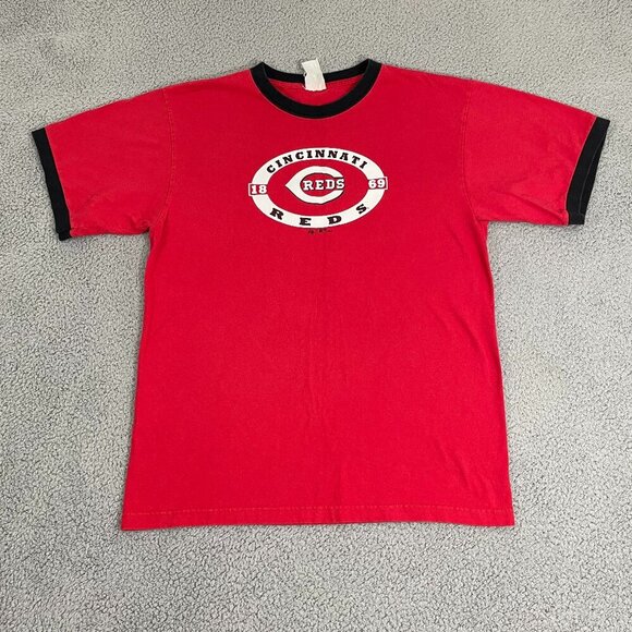 Cincinnati Reds Shirt Men L Red Short Sleeve Y2K ringer Tee - Picture 2 of 8